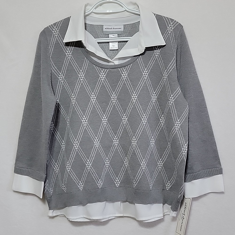 Alfred Dunner Petite Argyle 2-in-1 Sweater Top Pewter Grey Sequin PS 37960 UF